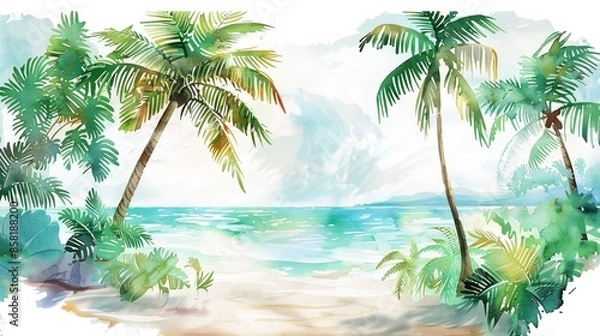 Fototapeta Watercolor painting of beautiful scenic landscape of tropical sea beach.