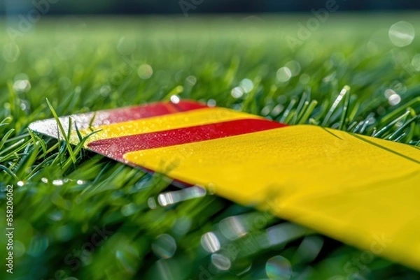 Fototapeta Officiate football, soccer, and red and yellow cards on grassy fields. The referee received two yellow cards.