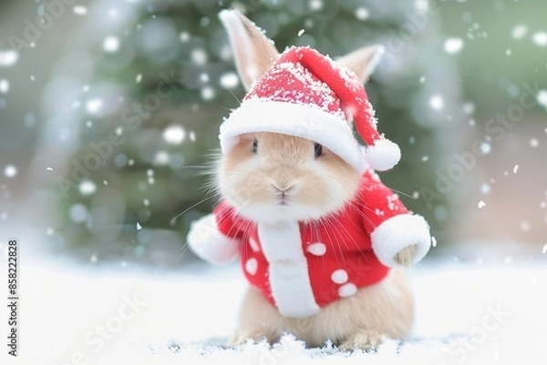 Fototapeta Cute Santa Claus bunny on snowy Christmas tree backdrop.