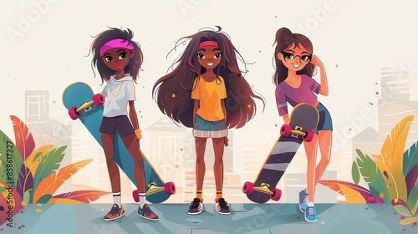 Fototapeta Three girls are confidently standing and holding their skateboards in an urban setting, ready for an exciting skateboarding adventure, showcasing youth and friendship.