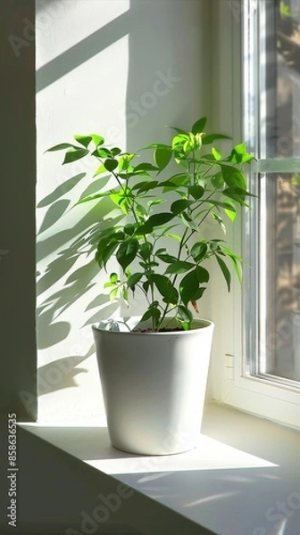 Fototapeta Potted green plant on windowsill in natural sunlight, home decor concept