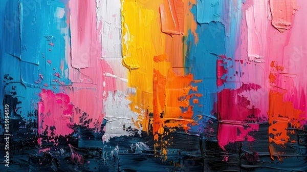 Fototapeta This is a bright abstract oil painting that showcases a vibrant mix of colors including blue, pink, yellow, and white, emphasized by a rough texture and expressive brushstrokes.