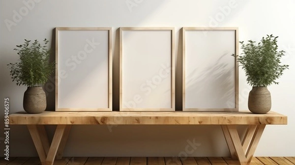 Obraz Minimalist Interior Design. Blank Frames on a Wall with Natural Shadows. Gallery Wall Mockup. Four Wooden Frames on a Neutral Background