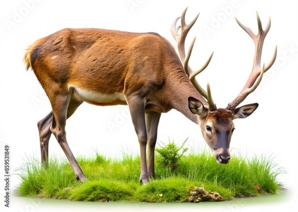 Fototapeta A Majestic Red Deer Stag Grazes In A Lush Green Field, Isolated On A White Background.