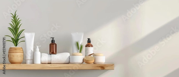 Fototapeta A stylish bathroom shelf arrangement featuring various skincare and hygiene products with natural lighting casting shadows.