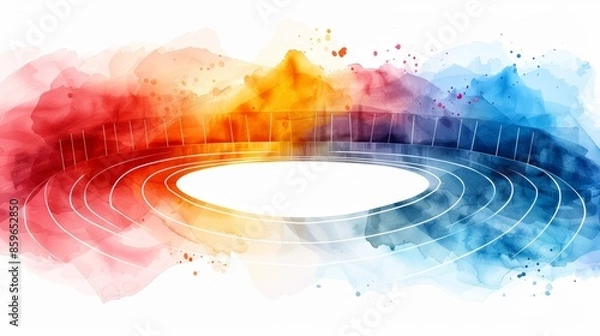 Fototapeta Artistic watercolor depiction of an Olympic sports stadium, with heatmapping overlay showing activity and temperature variations, bright summer palette bringing the scene to life