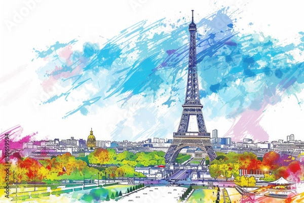 Fototapeta Hand-Drawn Eiffel Tower Cityscape in Charming Artistic Style with Intricate Details and Whimsical Flair