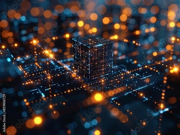 Fototapeta Blockchain technology concept with interconnected blocks illustration, representing secure digital ledgers. Minimalism,