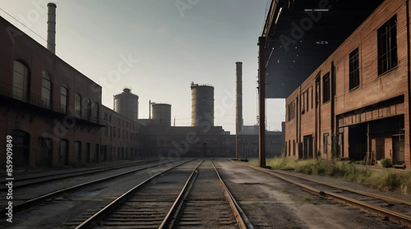 Fototapeta Gritty industrial landscapes depicting factories, warehouses, and urban infrastructure with a focus on architectural details and urban decay

