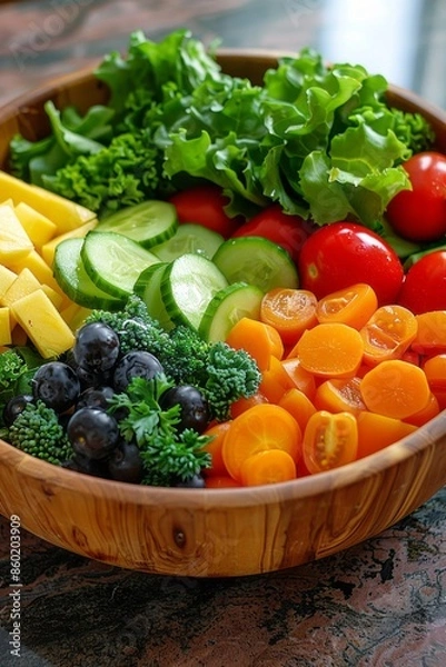 Fototapeta Vibrant Fresh Salad with Variety of Vegetables and Fruits in a Wooden Bowl