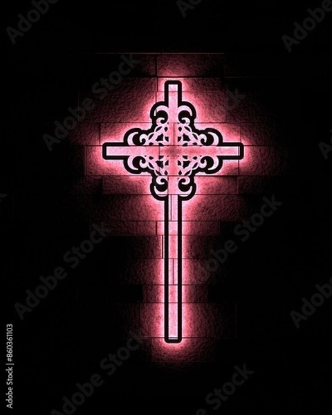 Fototapeta Neon shine christian cross on brick wall. Religion concept illustration. 3D render