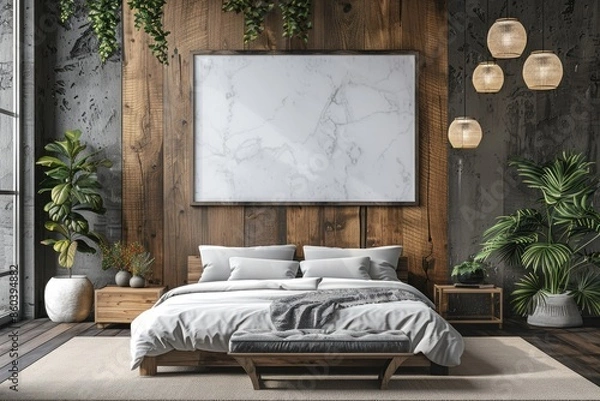 Fototapeta A bedroom with a white bed, a white framed mirror, and a white framed picture. The room is decorated with plants and has a modern, minimalist style