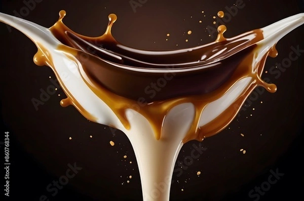 Fototapeta Caramel milk and chocolate liquid splash with a dark brown background. 