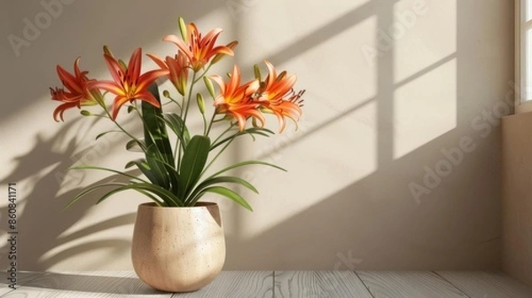 Fototapeta Flower stand with light wood and minimalist Scandinavian design featuring white lilies isolated on a solid bright room