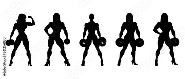 Fototapeta Female bodybuilder silhouette black filled vector Illustration icon. Women with dumbbell.