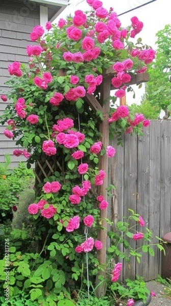 Fototapeta A pink rose bush in full bloom grows along a wooden fence in a residential backyard