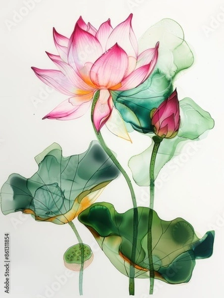 Fototapeta alcohol ink painting of lotus , long stem with green leaves, white background, detailed, realistic