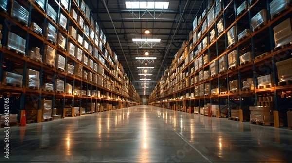 Fototapeta A vast warehouse with tall shelves stacked with boxes. The shelves are organized in a linear fashion, extending into the distance. The floor appears to be smooth and reflective