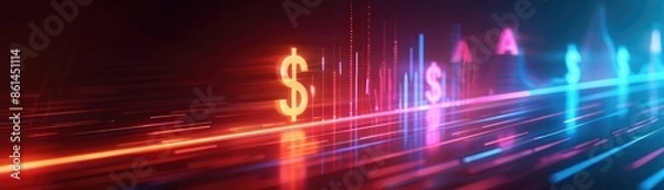 Fototapeta Abstract glowing neon dollar symbols and charts on a dark background, representing financial growth, investments, and economic concepts.