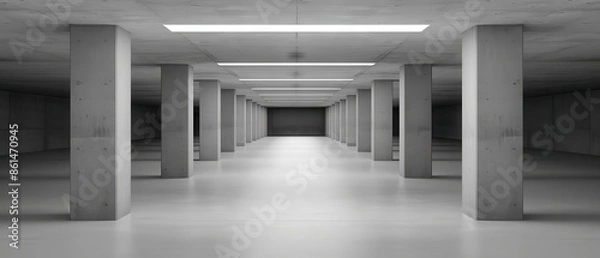 Fototapeta Empty industrial parking garage with concrete pillars and bright fluorescent lighting. Minimalist urban interior design concept.