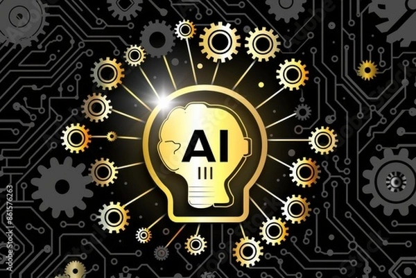 Fototapeta Illustration of a human head with AI circuitry and gears, symbolizing the fusion of artificial intelligence and mechanical engineering