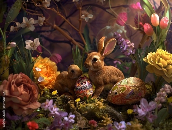 Fototapeta Playful Easter Bunnies Interacting with Ornate Floral Patterned Eggs in Captivating 3D Diorama