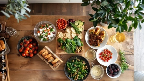 Fototapeta A table is covered with a variety of food, including bread, vegetables, and fruit. The table is set for a meal, and there are several wine glasses and cups scattered around