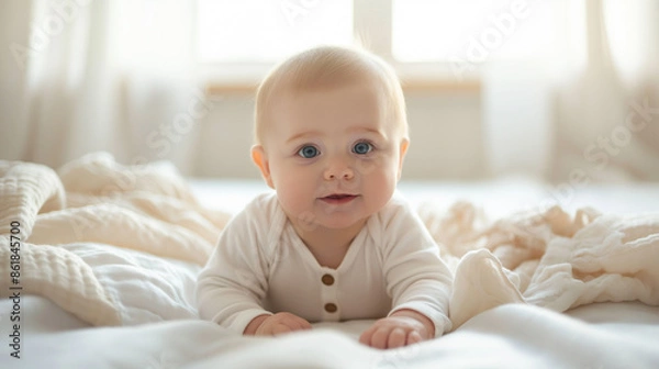 Fototapeta An adorable baby with big blue eyes lies on his stomach and tries to crawl on a soft blanket in a bright room, dressed in a white onesie, creating a cozy and serene atmosphere.