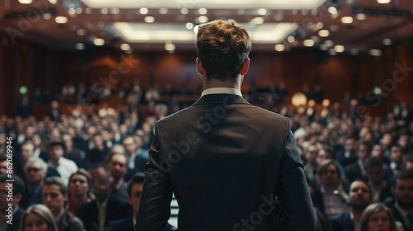 Fototapeta Businessman Investor Speak in front of Audiences on Conference - Investment Workshop Invest Business Speaking Presentation Symposium Man Suit Audience People Training Successs Motivation Leader
