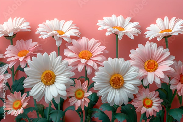 Fototapeta Beautiful Pink and White Daisies Against a Soft Coral Background in Full Bloom