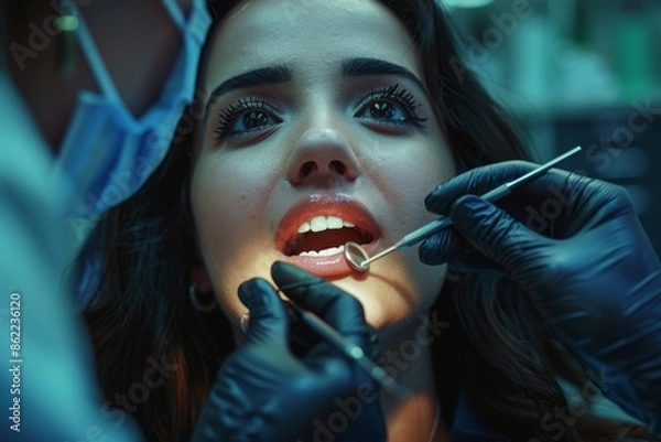 Fototapeta Dental treatment concept, a female dentist wearing a uniform works with tools on a patient's teeth in a dental office