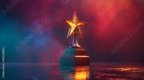 Fototapeta A dynamic 3D illustration of a trophy with a star on top, radiating light, representing outstanding achievement and recognition.