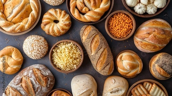 Fototapeta A close-up view of a collection of freshly baked breads and pastries on a dark table