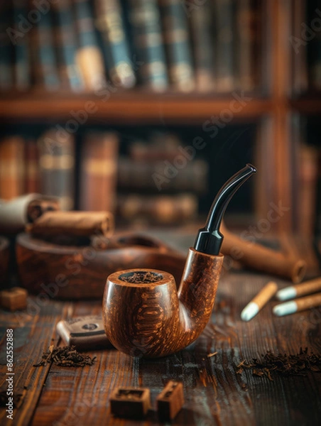 Fototapeta A wooden pipe filled with tobacco on a wooden table, books in background.