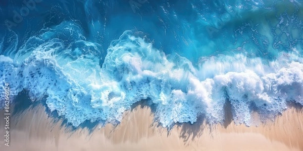 Fototapeta Spectacular aerial top view background photo of ocean sea water white wave splashing in the deep sea on blue shore sand background