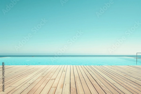 Fototapeta Empty wooden deck with swimming pool , Beautiful minimalist pool side view with clear blue sky.