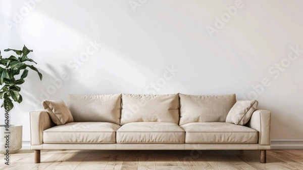 Fototapeta Beige sofa against white wall with copy space in simple living room interior