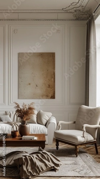 Fototapeta Elegant living room with a mockup canvas on the wall