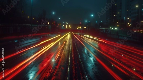 Fototapeta Cars lights on the road at night time. Timelapse, hyperlapse of transportation. Motion blur, light trails, abstract soft glowing lines