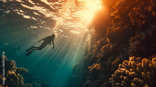 Fototapeta A person snorkeling near a coral reef at sunrise, with golden light illuminating the water, summer, snorkeling, hd, tranquil with copy space