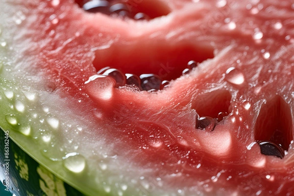 Fototapeta Close-up shot of a refreshing watermelon slice being bitten into, with water droplets glistening on the fruit