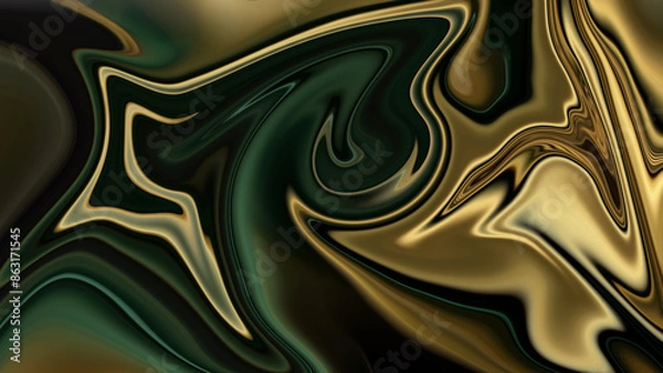 Fototapeta 4K Gold design elements on a background of green and grey design, abstract marble alcohol ink background with flowing texture, luxury.
