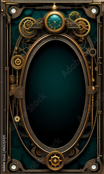 Fototapeta antique gold steampunk frame on a black background, illustration wallpaper 