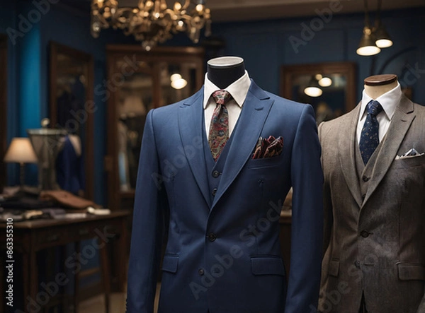 Fototapeta Dapper suits on mannequins showcase fine tailoring and elegance in mens fashion at a boutique