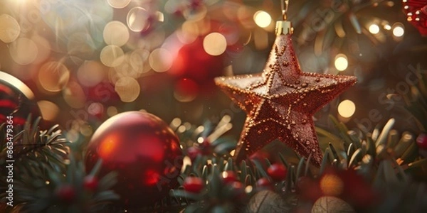 Fototapeta Festive Glow: Close-Up of Christmas Star Decoration on a Tree