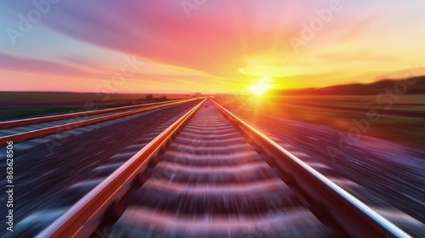 Fototapeta Serene Sunset Over Curved Train Track