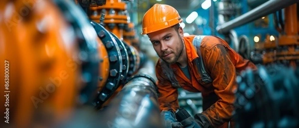 Fototapeta Industrial Worker in Orange Safety Gear Inspecting Machinery in a Modern Factory Setting