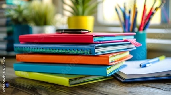 Fototapeta Pile of colorful notebooks and pens on a table High quality images