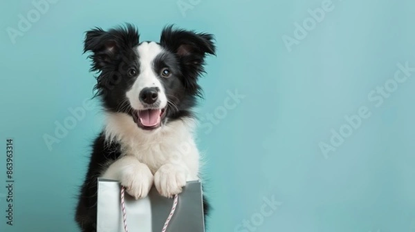 Fototapeta Adorable puppy peeping over gift bag. Happy black and white dog on blue background. Studio shot of cute pet. Perfect for pet related content and promotional use. High-quality cheerful scene. AI