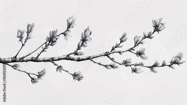 Fototapeta Organic sketch of a tree branch with budding leaves, on white background